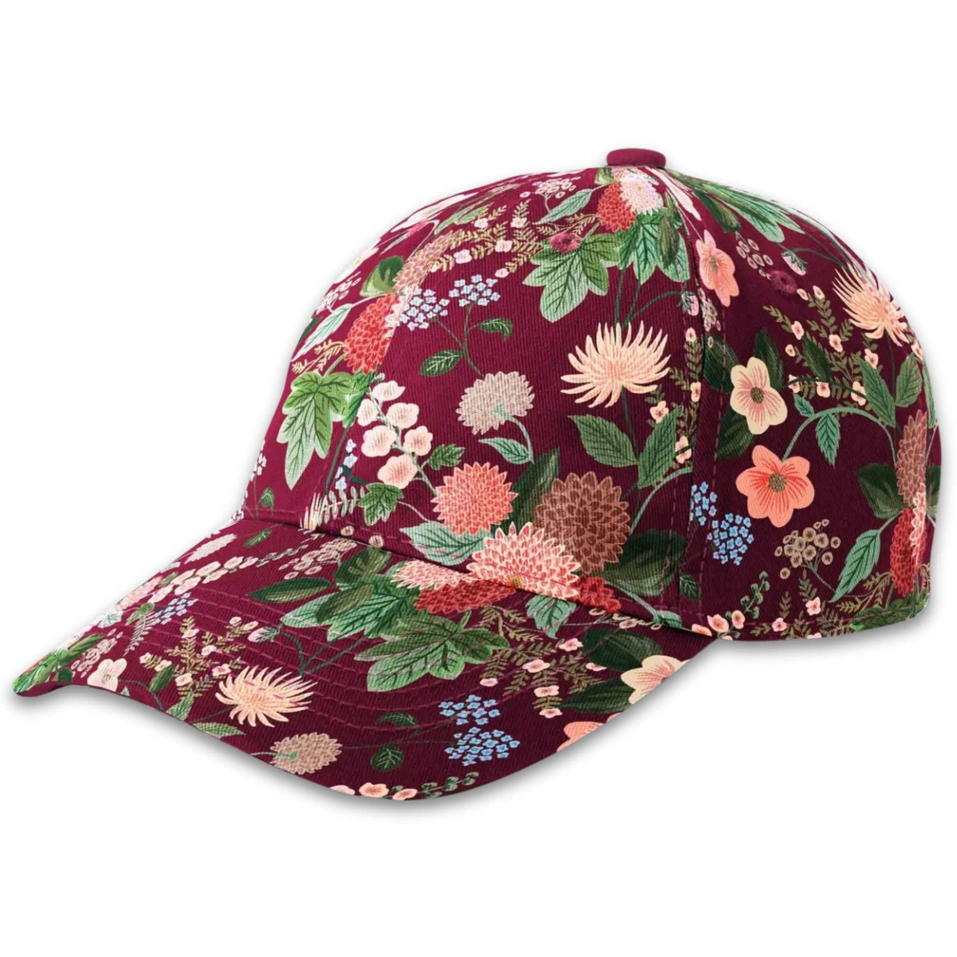 A pretty, women's floral baseball cap with a dahlia flower pattern.