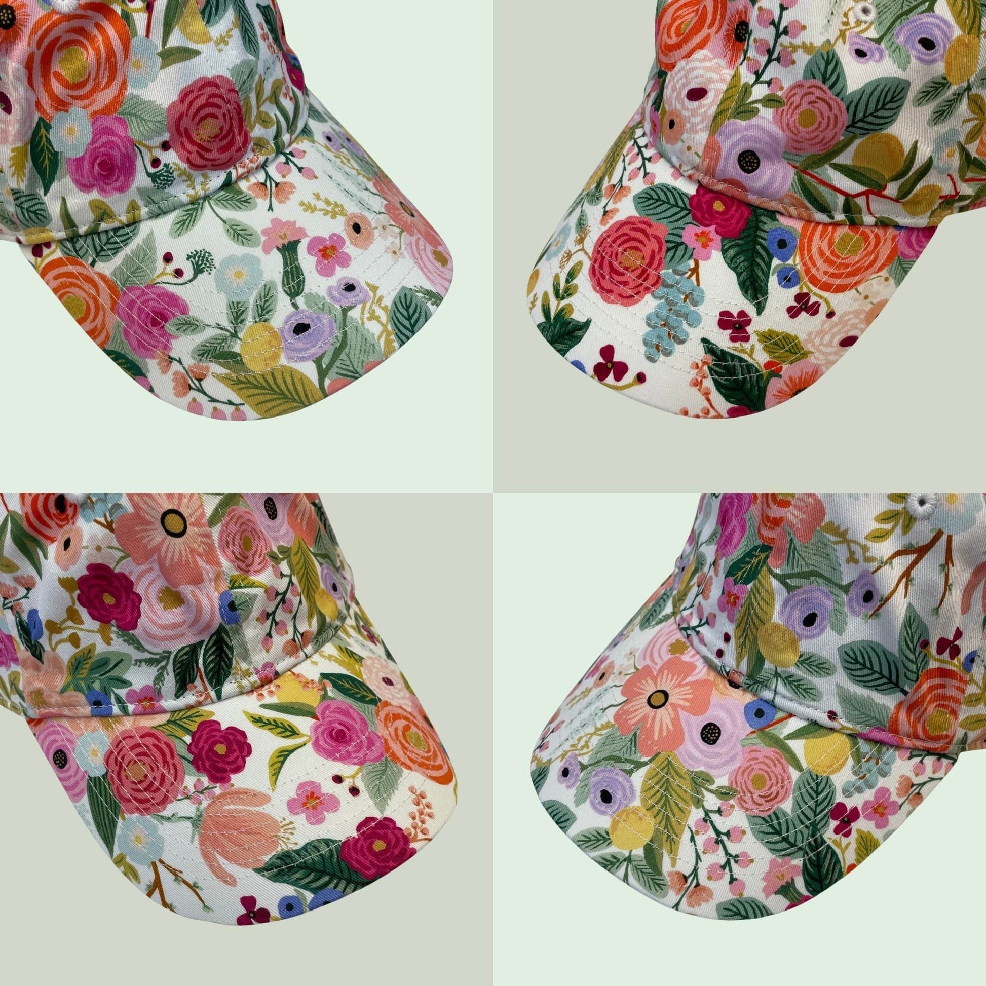 Various examples of the patterns on these pretty, women's floral baseball hats.